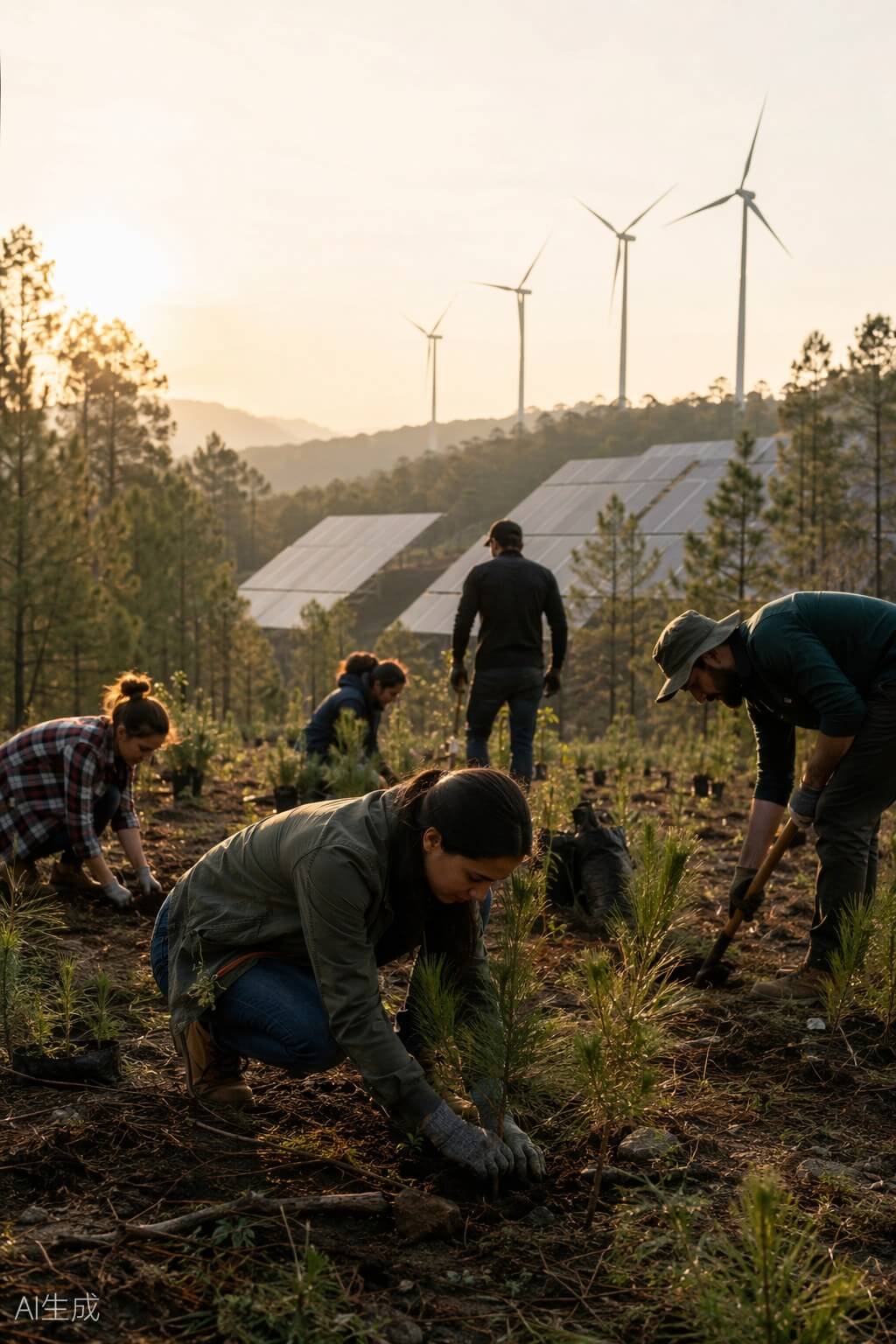 Bosque mexicano con paneles solares y aerogeneradores