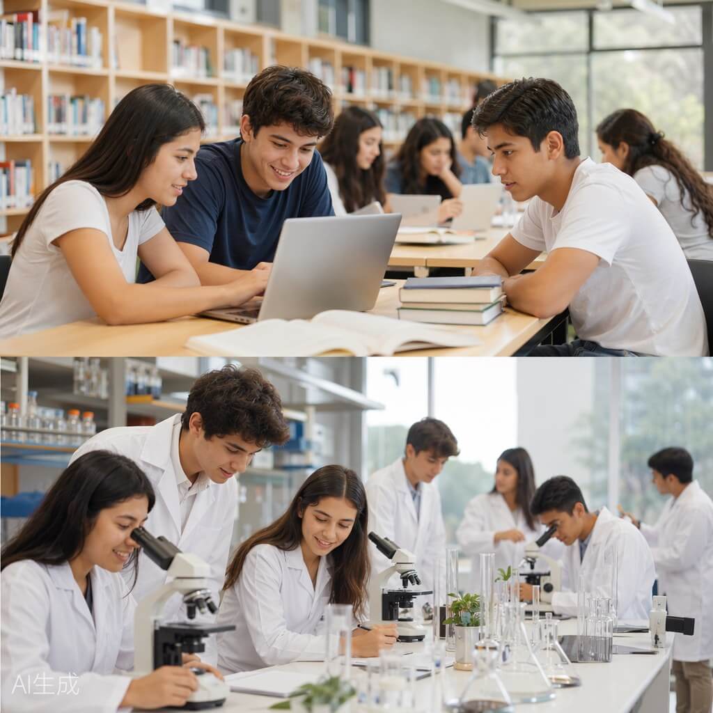 Estudiantes mexicanos en biblioteca y laboratorio