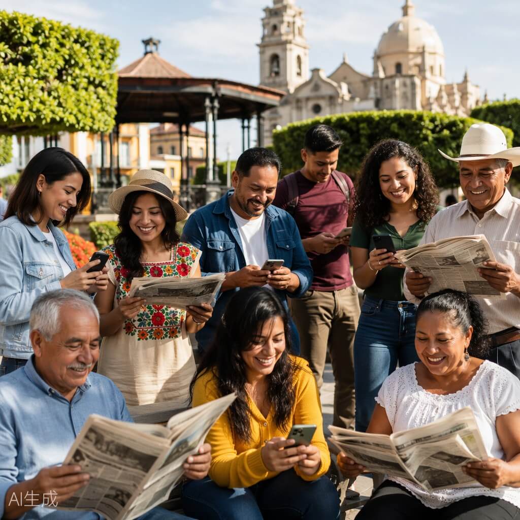 Comunidad mexicana leyendo noticias en una plaza